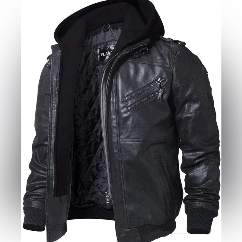 Men's Black Leather Jacket W/hood